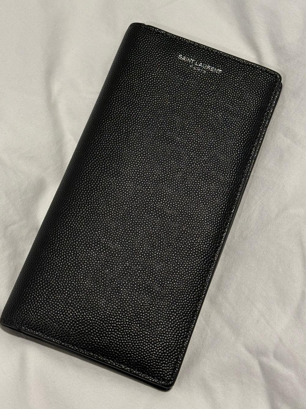 Saint Laurent Black Pebbled Long Bifold Wallet with Silver Logo